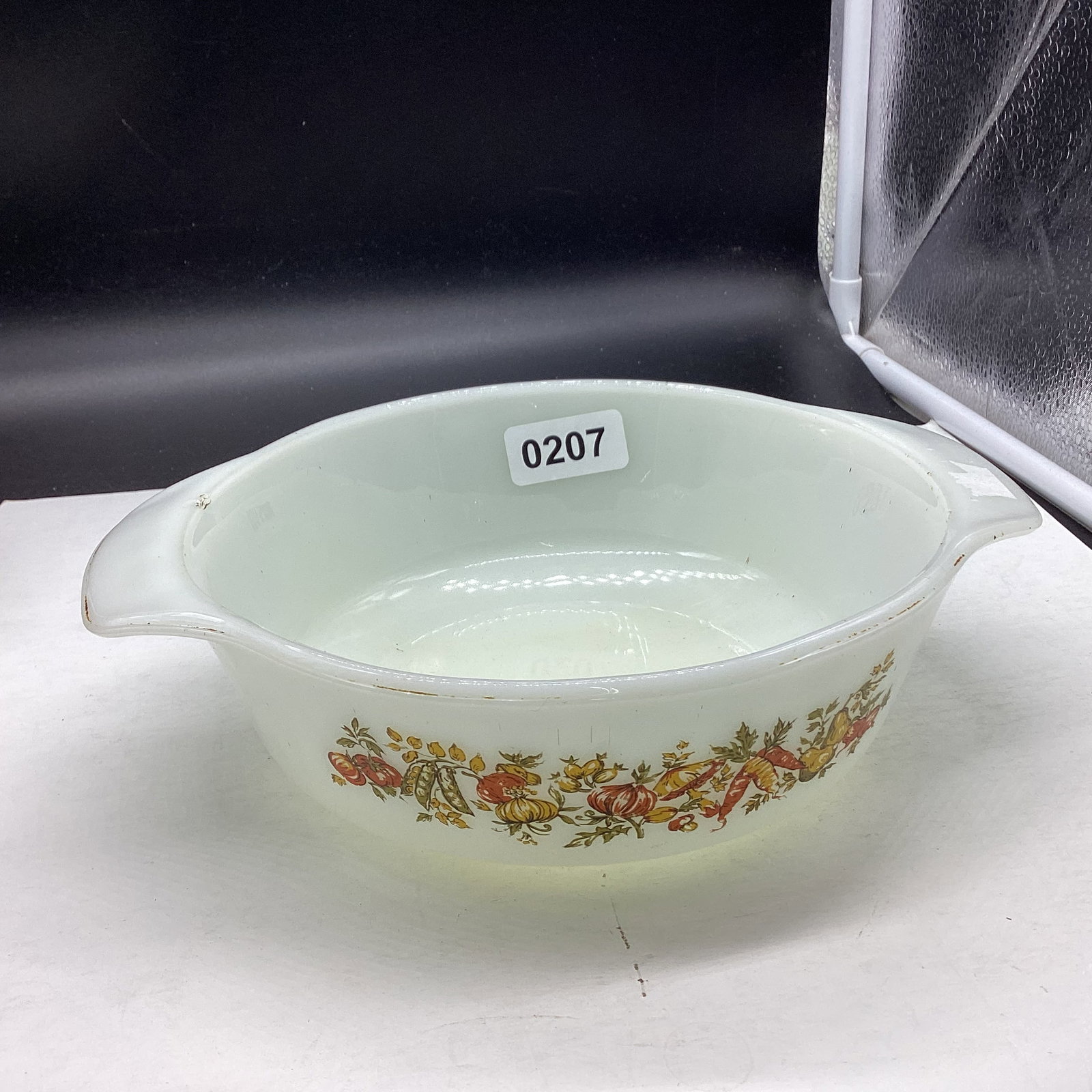 VINTAGE FGIRE KLIONG HARVEST BAKING DISH: 7 1/4 GOOD SHAPE