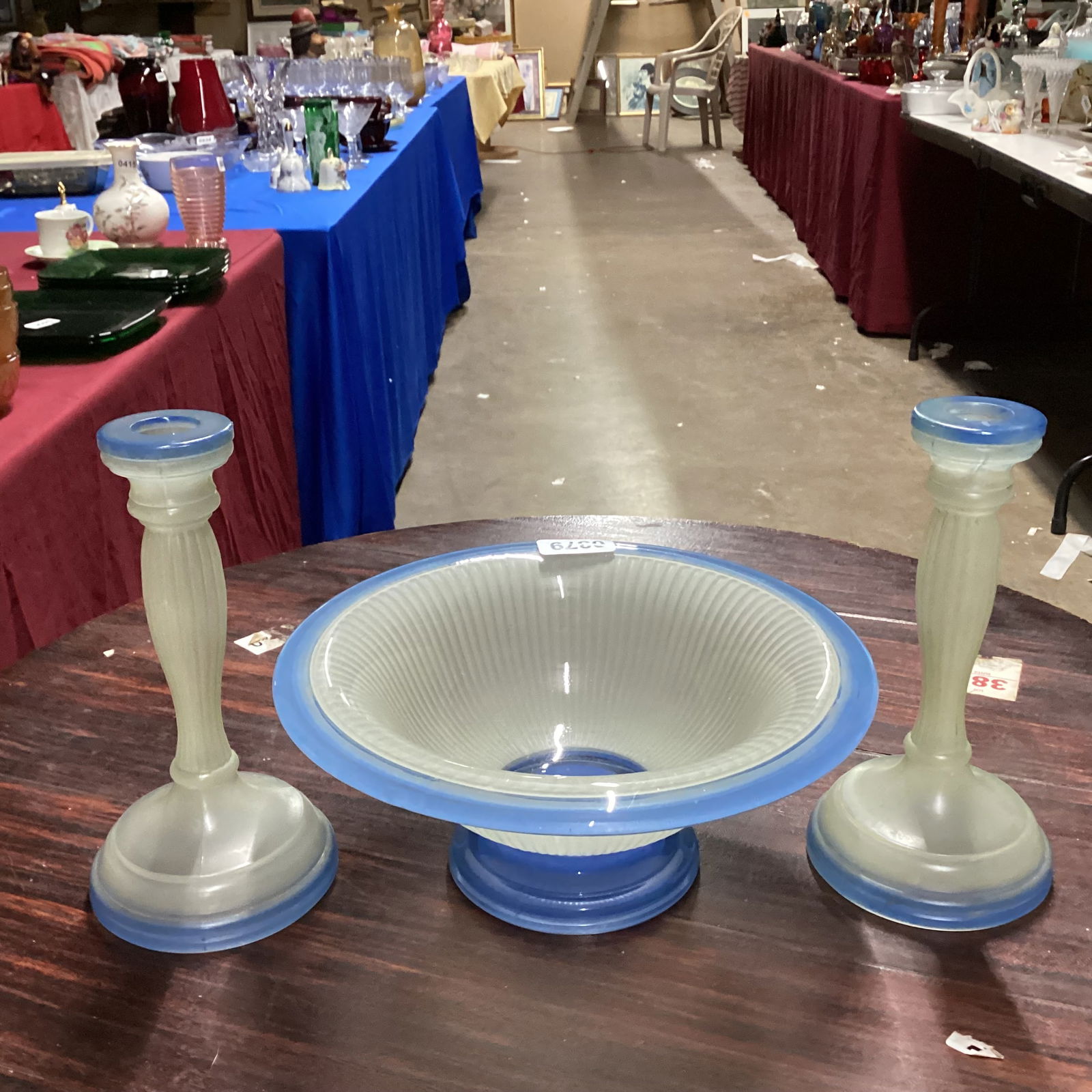 MCM BLUE & CREAM CONSOLE BOWL & PAIR CANDLE STICKS: BOWL 4 X 10 AND CANDLEHOLDER 8 1/4 T GOOD SHAPE