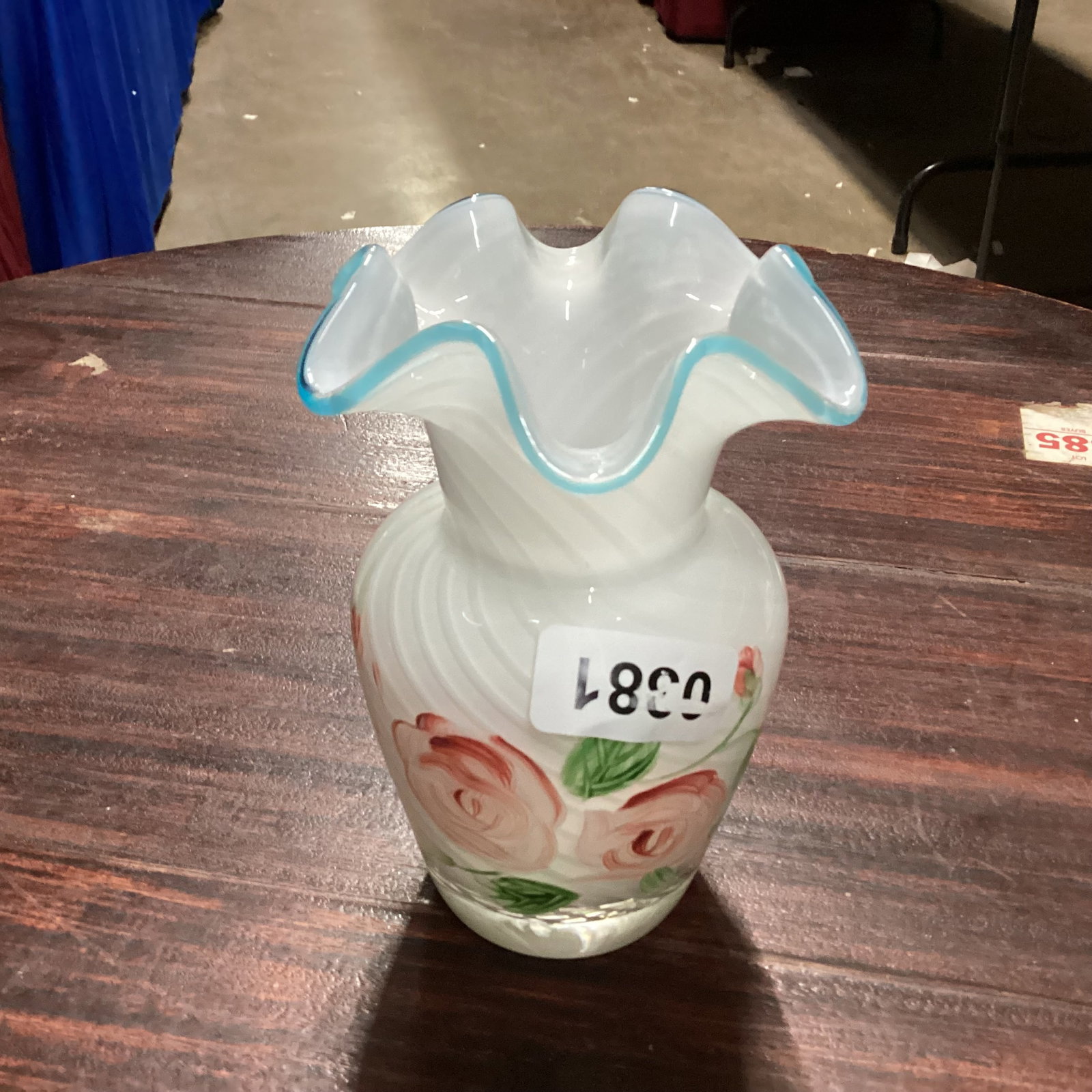 FENTON HAND PAINTED RUFFLED TOP VASE: GOOD SHAPE