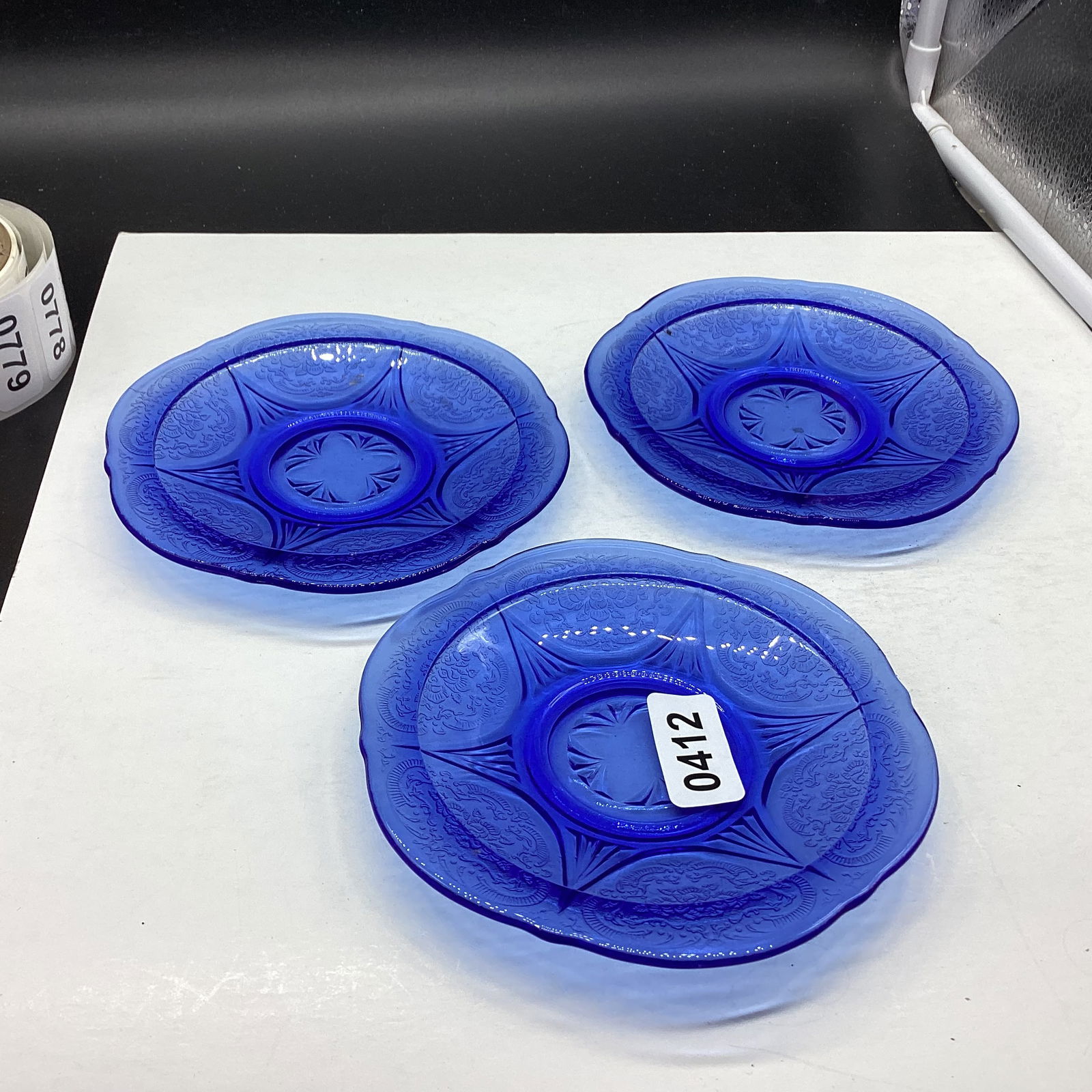 3 DEPRESSION ROYAL LACE SAUCERS: 5 1/2 GOOD SHAPE