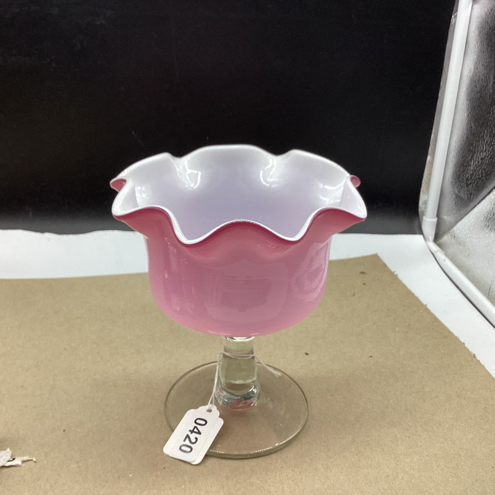 ART GLASS PINK CASED GLASS COMPOTE: 6 3/4 X 6 1/4 GOOD SHAPE