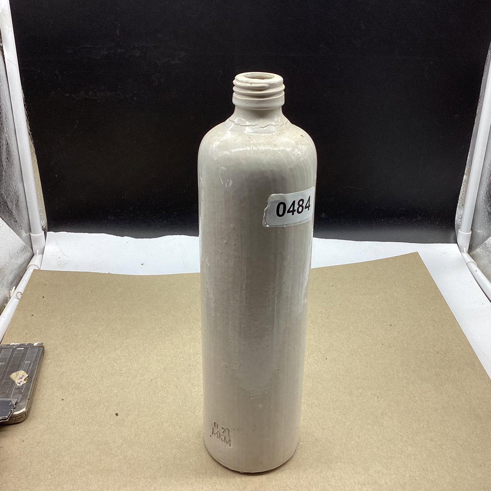 VINTAGE STONEWARE BOTTLE SIGNED MJM: 11" TALL GOOD SHAPE
