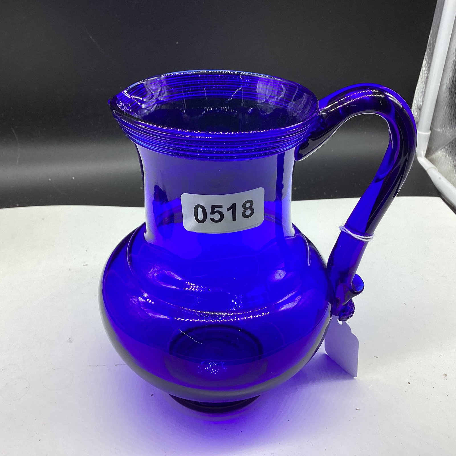 HAND BLOWN BLUE WATER JUG W/APPLIED HANDLE: GOOD SHAPE