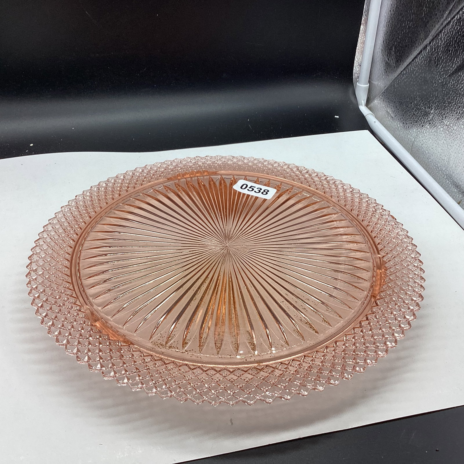 DEPRESSION MS AMERICA CAKE PLATE: 11 3/4" W HAS A CHIP SEE IN PICTURE