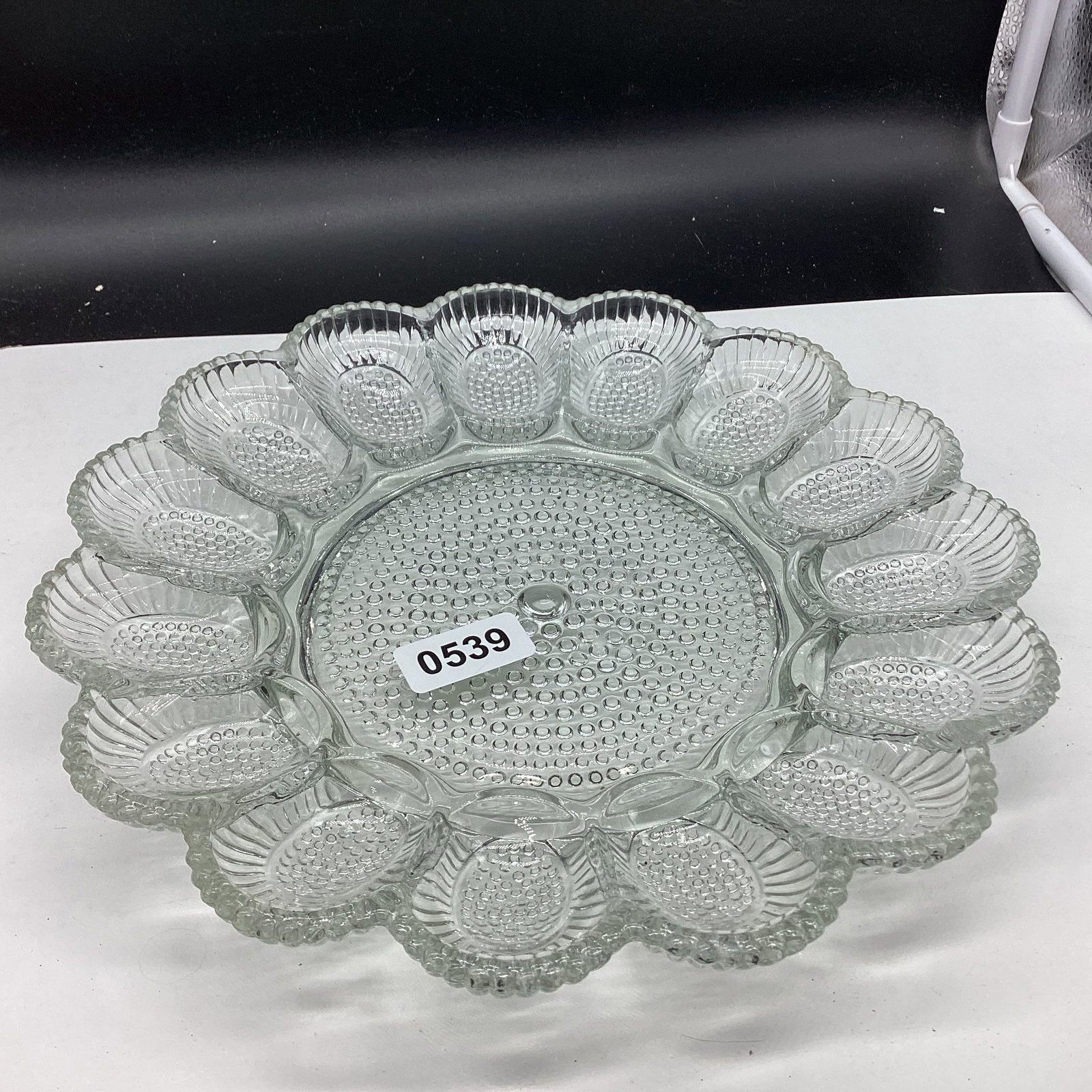 CRYSTAL EGG PLATE BY INDIANA GLASS: 11 1/4" WIDE GOOD SHAPE