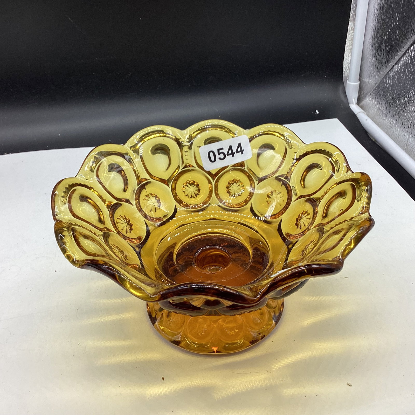 L E SMITH MOON & STAR PEDESTAL DISH: 4" T X 7 1/2" W GOOD SHAPE