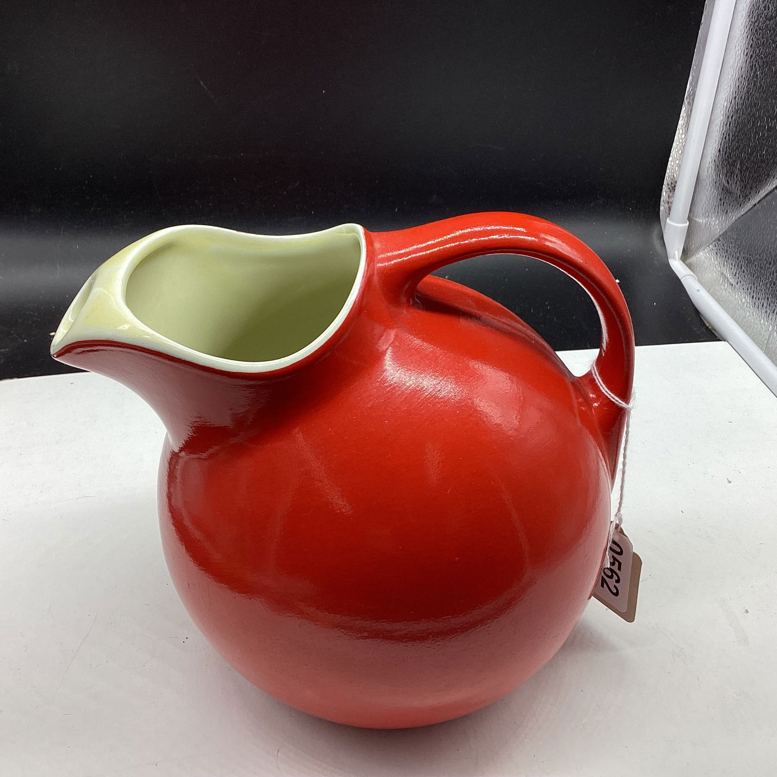 VINTAGE RED HALL BALL PITCHER: 7" T X 8 1/2 GOOD SHAPE