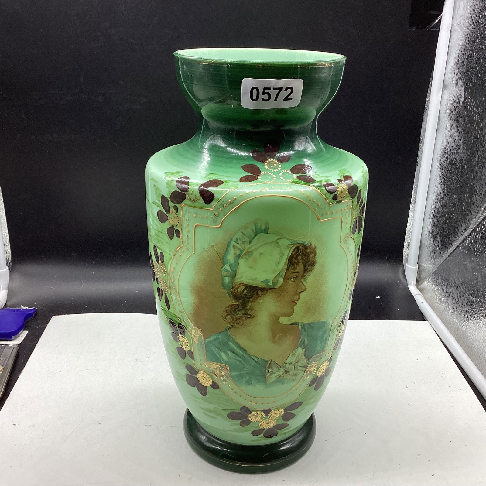 HAND PAINTED GOLD TRIM PORTAIT BRISTAL VASE AUSTRIA: 12 1/2" TALL GOOD SHAPE