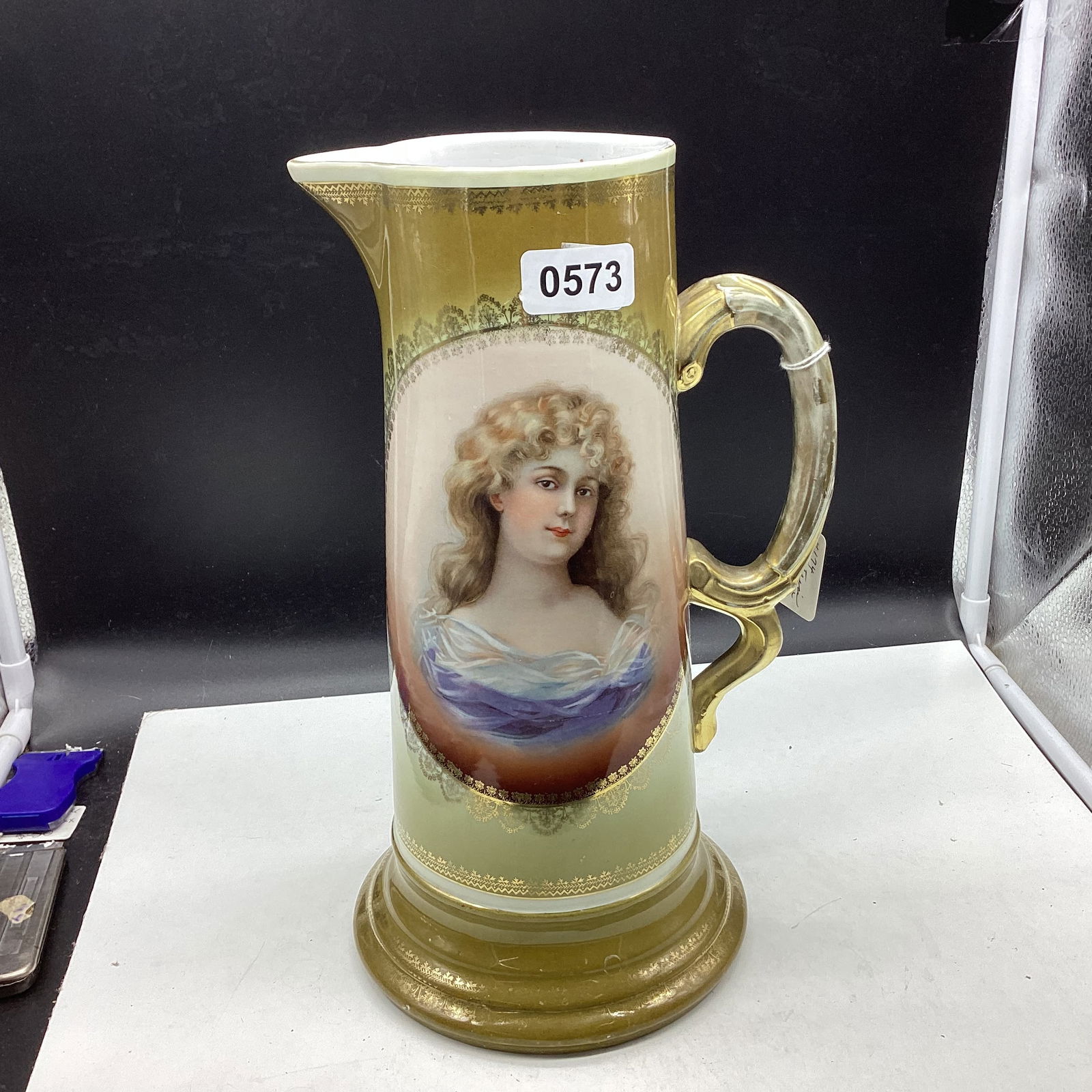 HANDF PAINTED PORTAIT PORCELIAN TANKARD MADE IN AUSTRIA: 12" TALL GOOD SHAPE