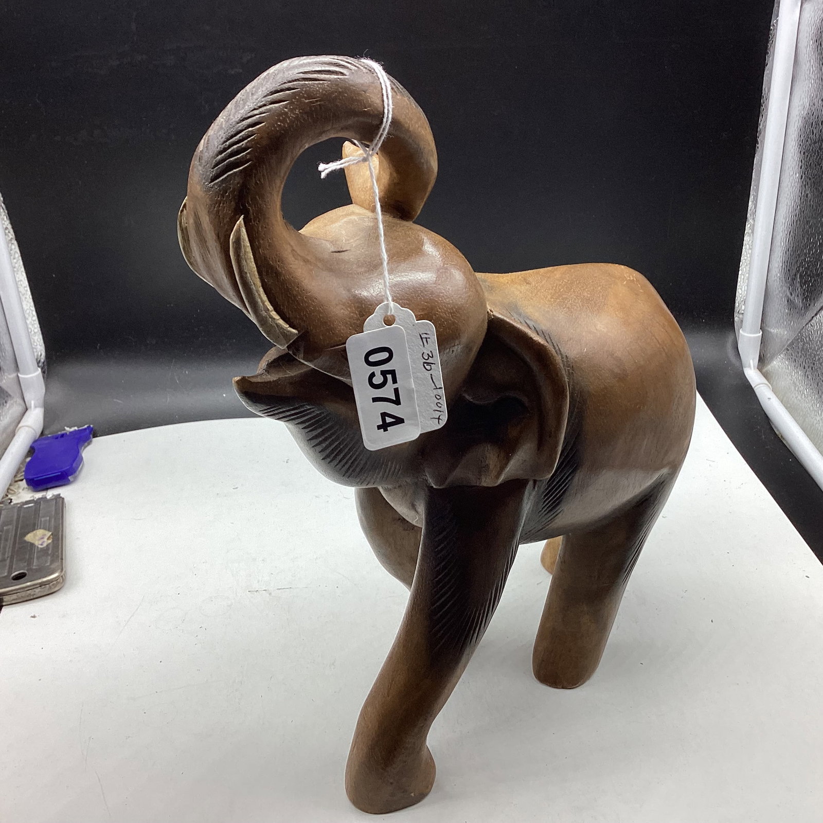 VINTAGE HAND CARVED ELEPHANT SCULPURE: 12" TALL X 10" WIDE GOOD SHAPE