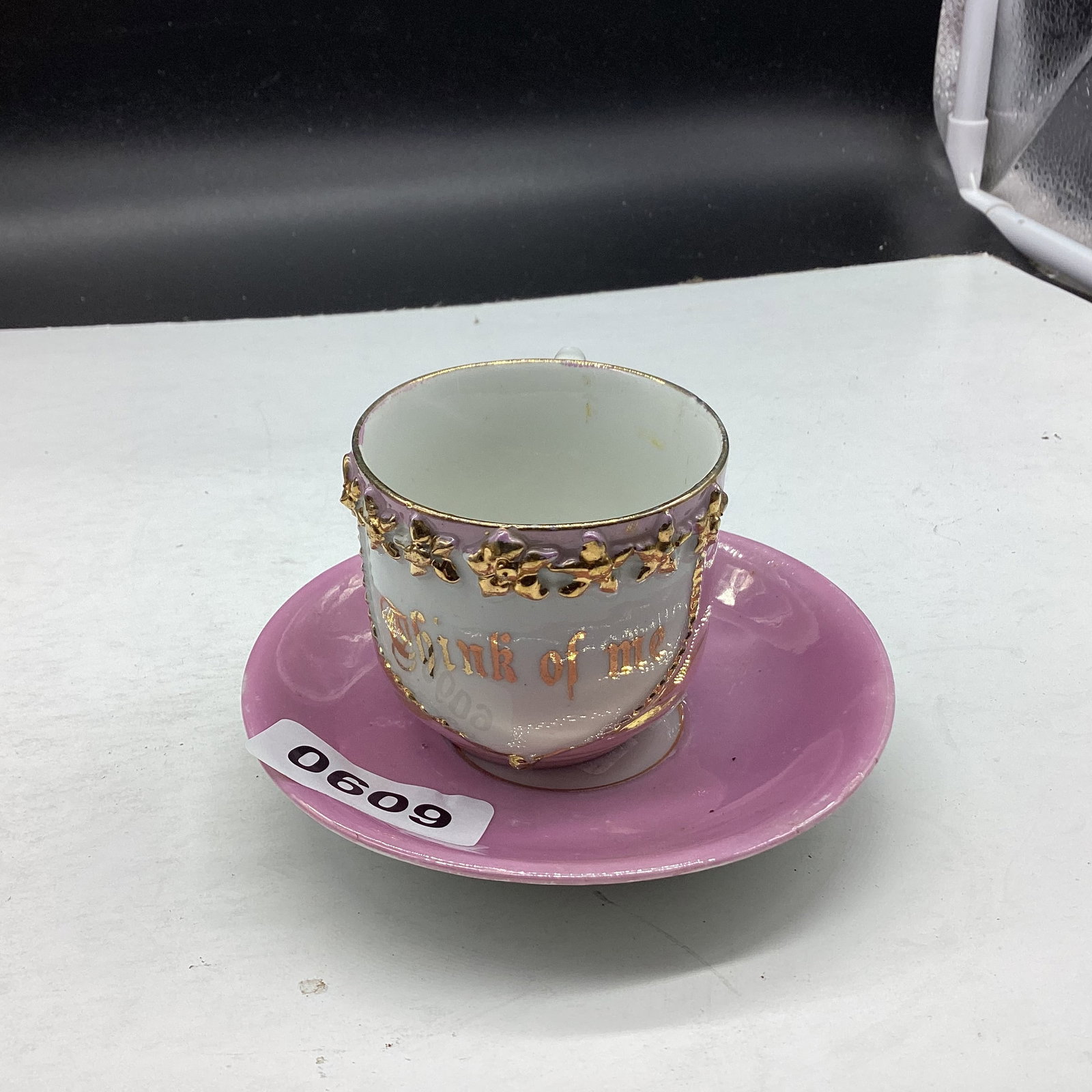 THINK OF ME DEMITASSIE CUP & SAUCER: GOOD SHAPE