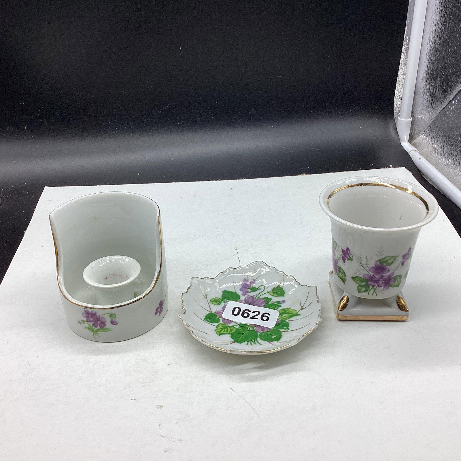 3 PORCELIAN W/BLUE VILOETS PCS.: GOOD SHAPE