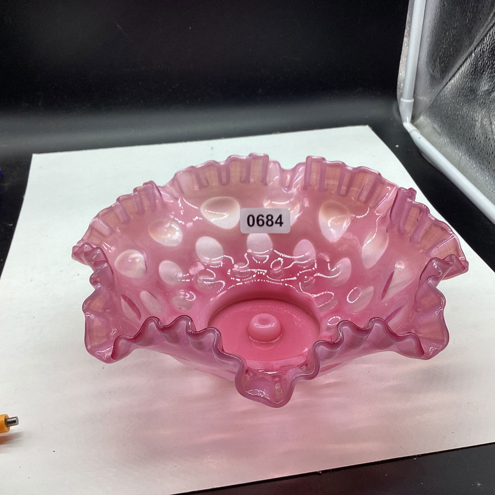 VINTAGE FENTON CRANBERRY OPALESCENT COIN DOT BOWL: 3 1/2 X 9 1/2 GOOD SHAPE