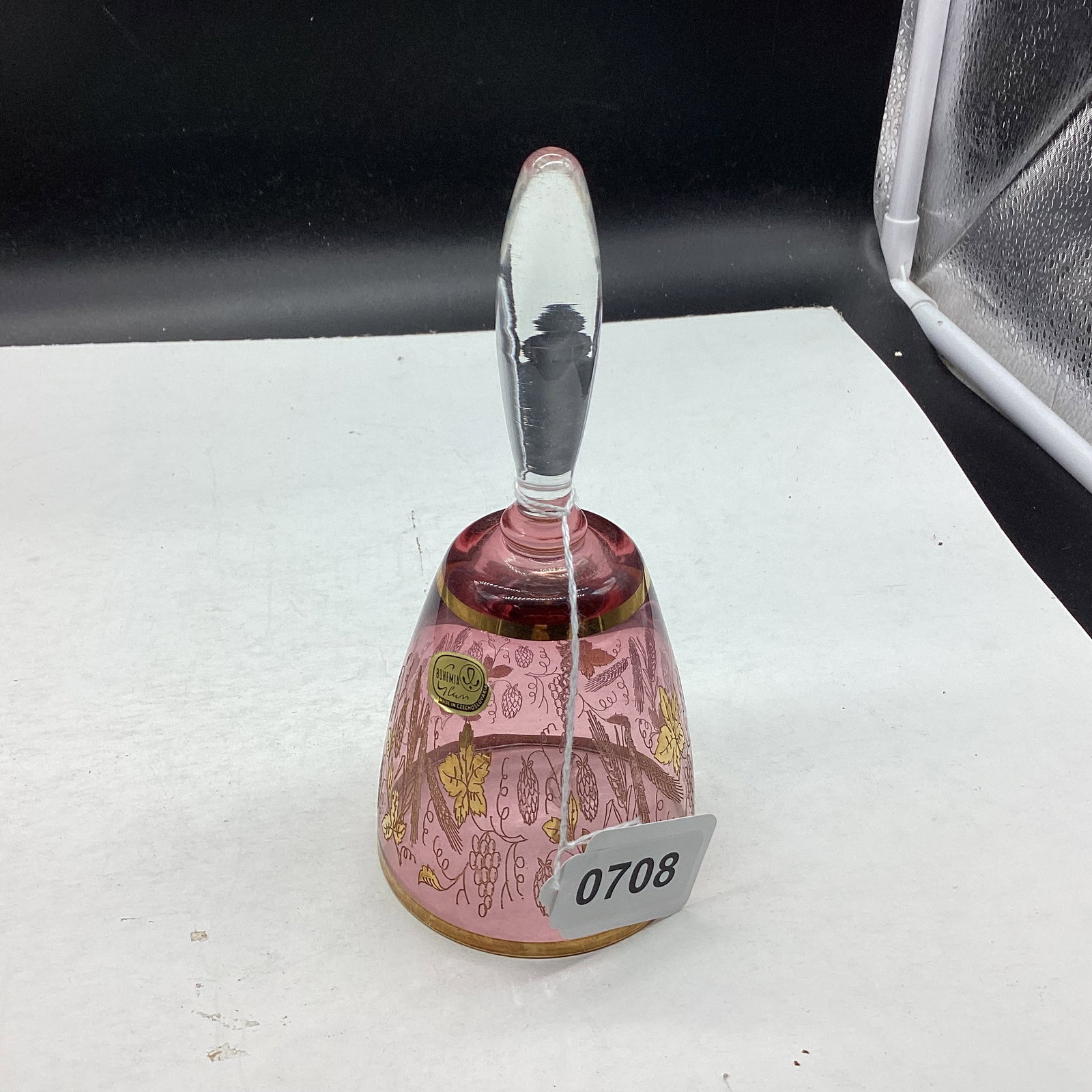 BOHENIAM CRANBERRY GLASS BELL GOLD ETCHED GRAPE & WHEAT: 6 3/4" TALL GOOD SHAPE