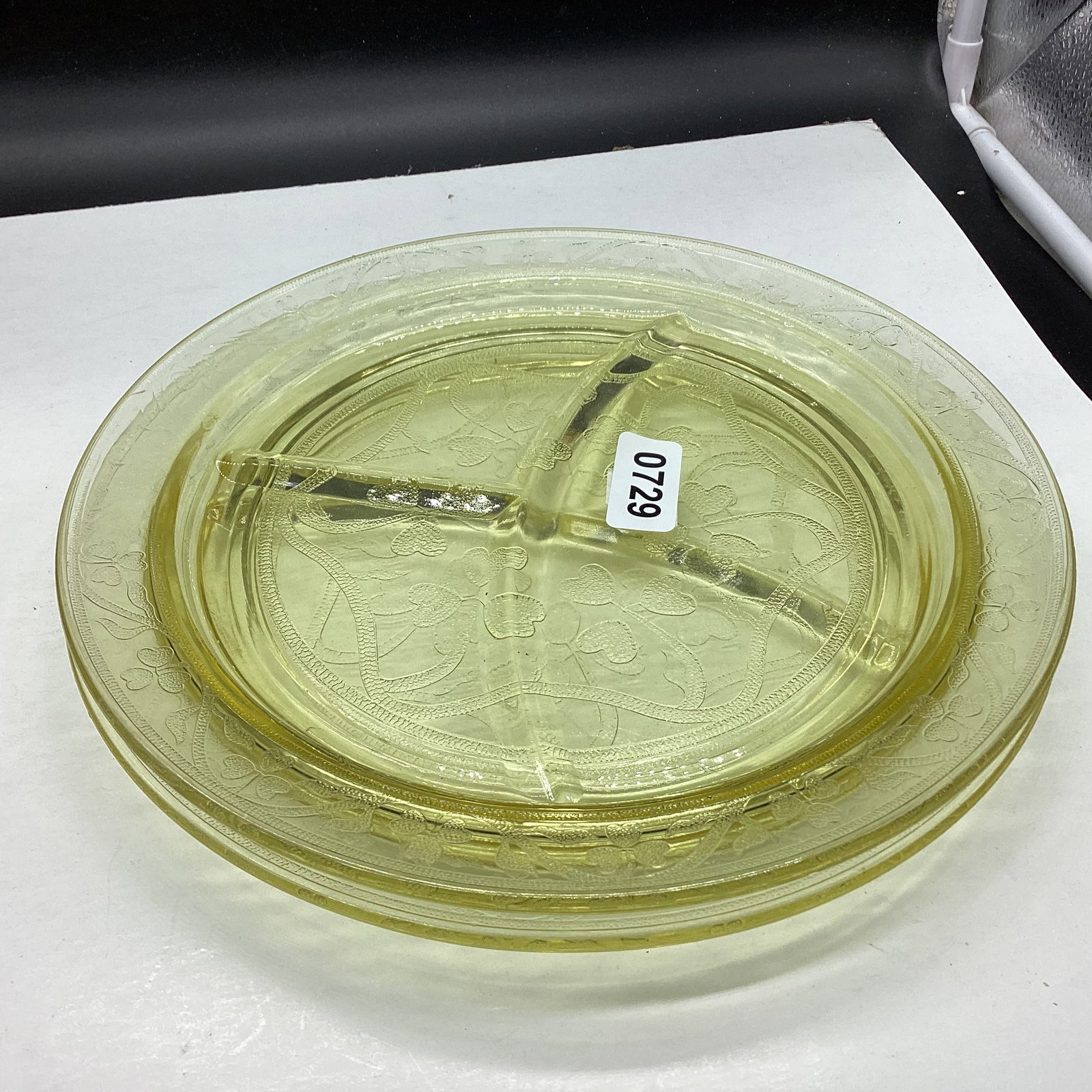 2 DEPRESSION CLOVERLEAF GRILL PLATES: 10 1/4" WIDE GOOD SHAPE