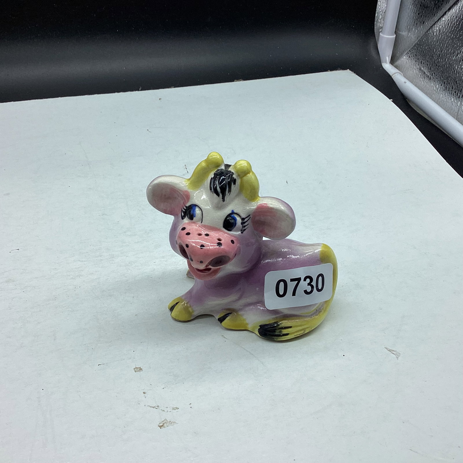PORCELIAN COW SALT SHAKER: 3 1/4 X 4 GOOD SHAPE