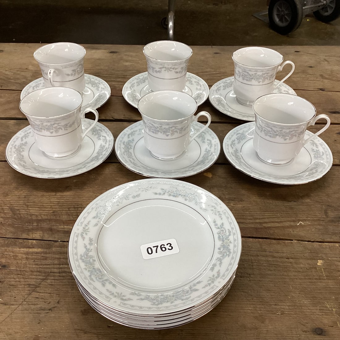 6 PORCELIAN SILVER TRIM SOMERSET CAKE SET: GOOD SHAPE