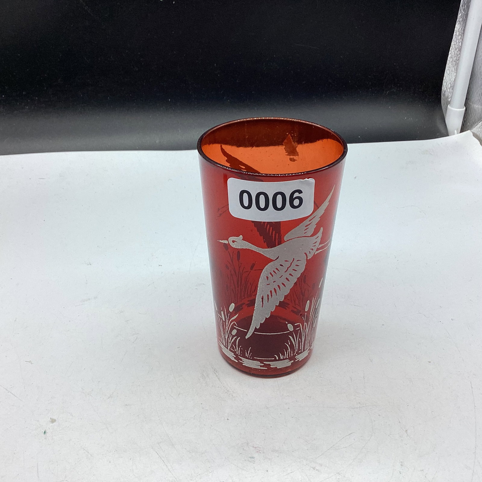 DEPRESSION RUBY RED HAND PAINTED BIRD DESIGN: 4 1/2" TALL GOOD SHAPE