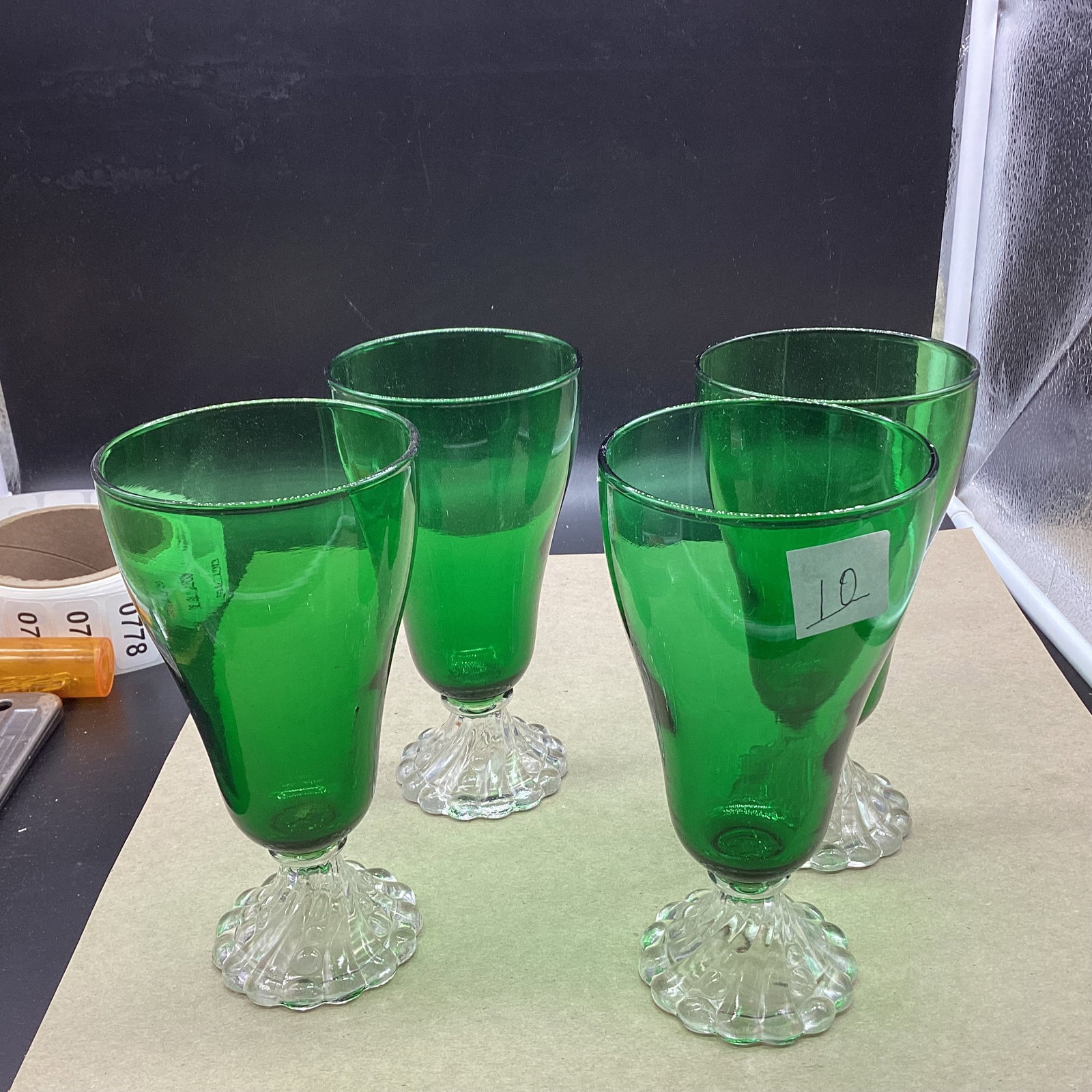 4 FOREST GREEN ICE TEA TUMBLES BURPLE FEET: 6 3/4" TALL GOOD SHAPE