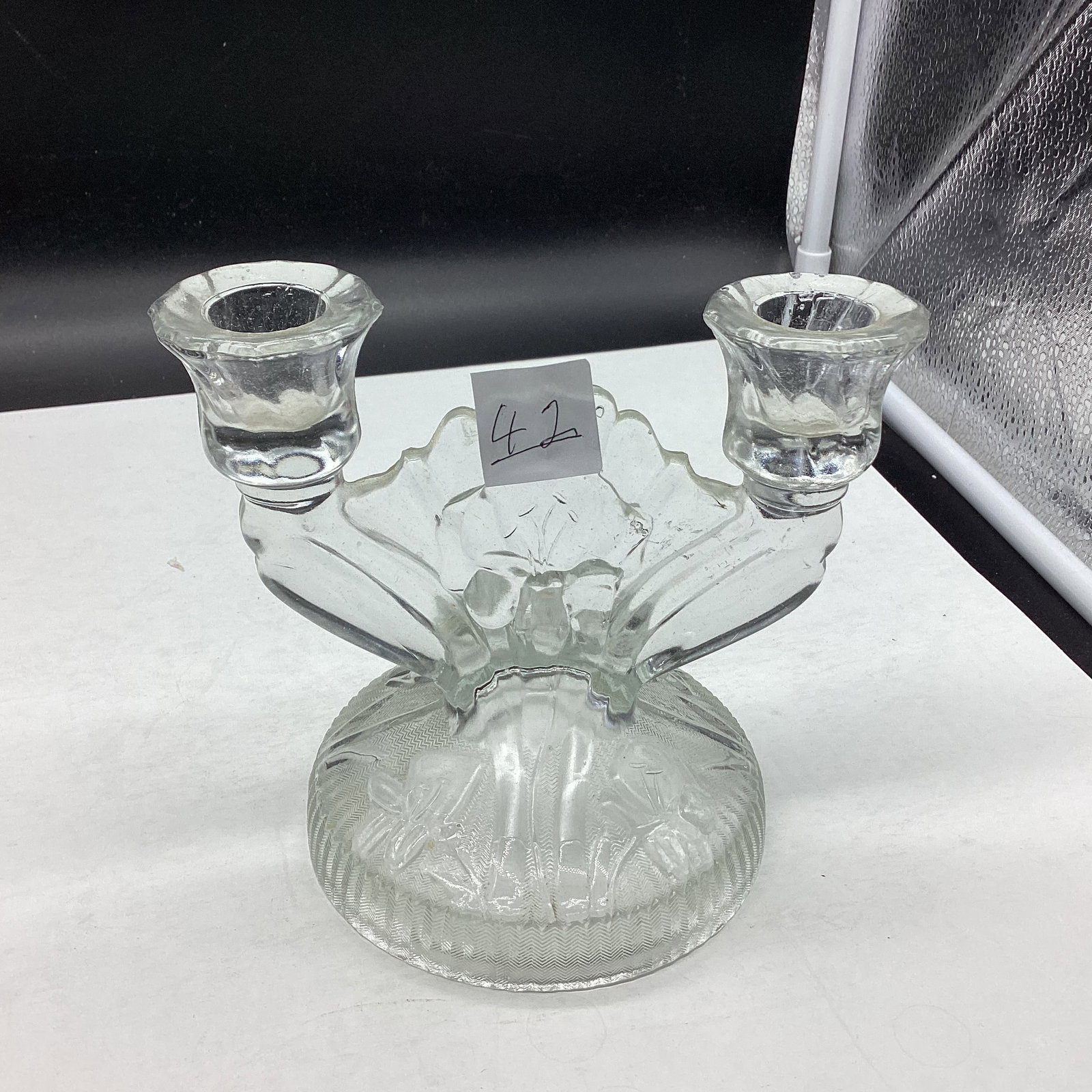 DEPRESSION IRIS & HERRINGBONE CANDLE STICK: 5" TALL GOOD SHAPE