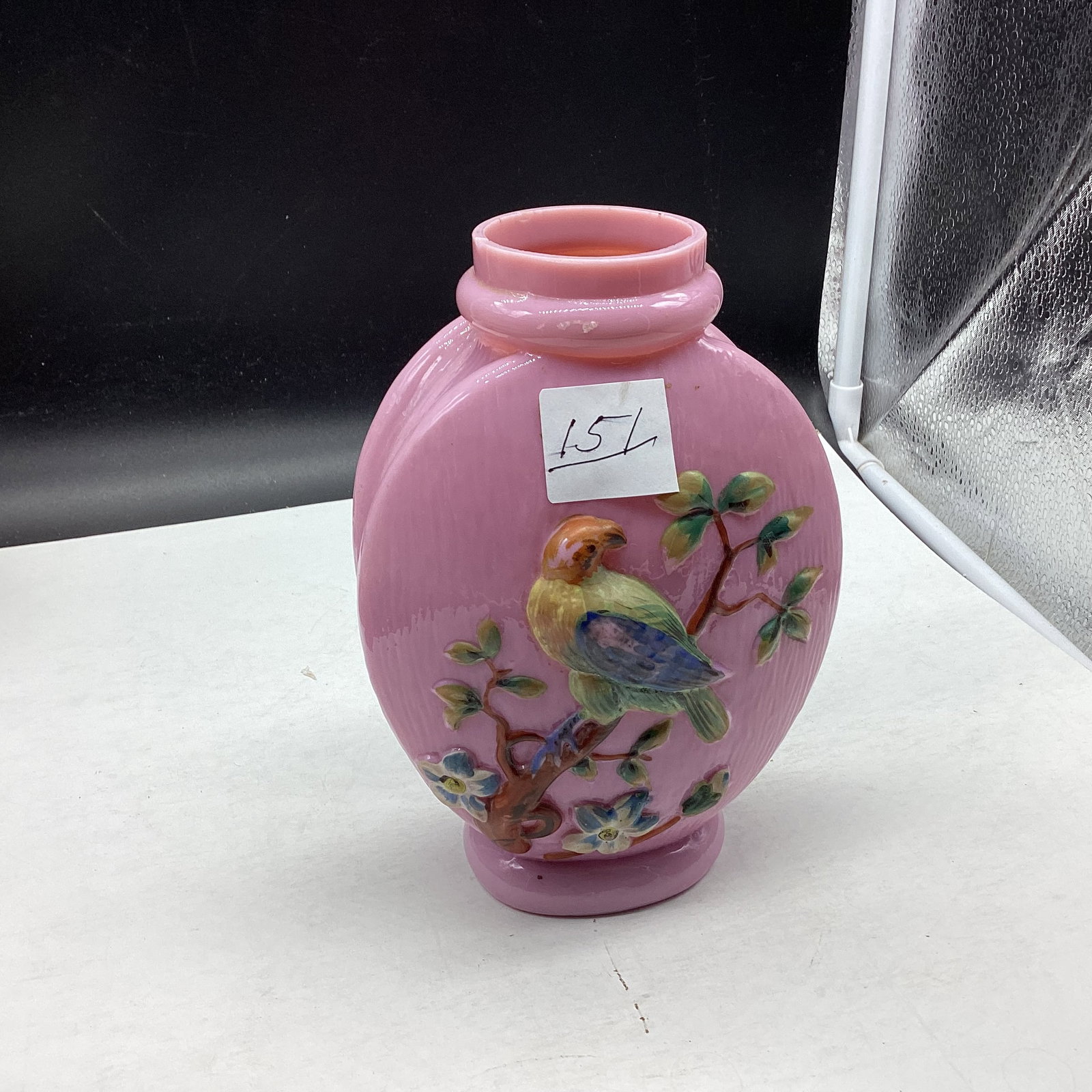 VINTAGE PINK CASE GLASS VASE W/HAND PAINTED BIRD (1 of 2)