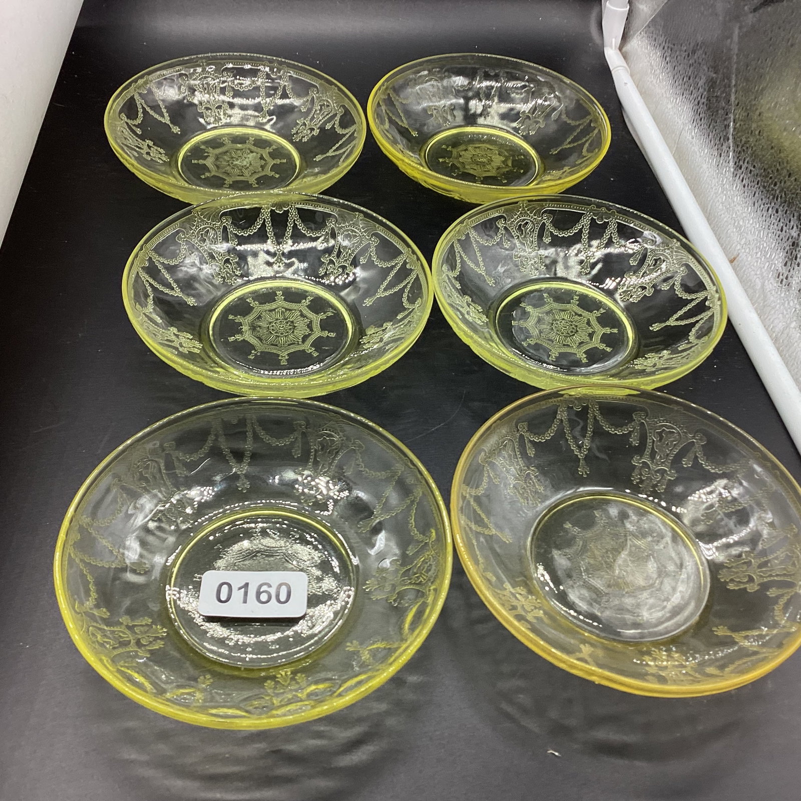 6 DEPRESSION CAMEO BERRY BOWLS: 1" X 5 1/2" GOOD SHAPE