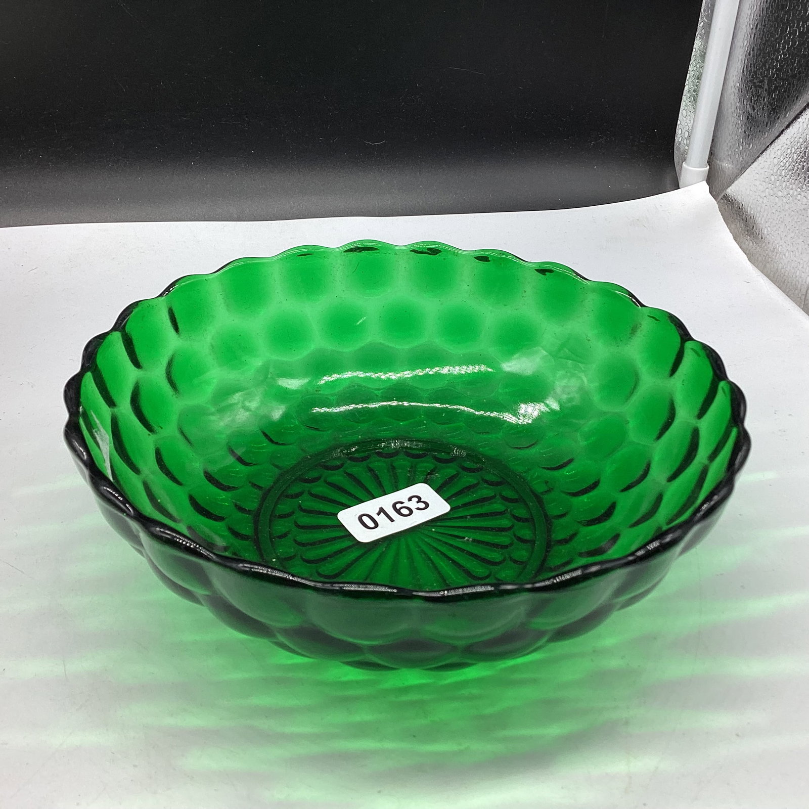 DEPRESSION GREEN BUBBLE LARGE BERRY BOWL: 2 1/2 X 8 1/4 GOOD SHAPE