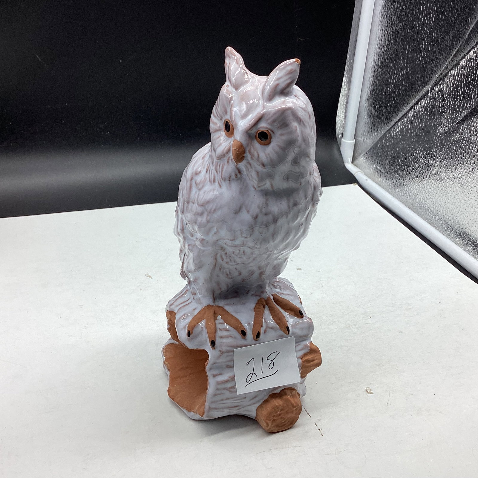 TERRA-COTTA OWL SITTING ON TREE TRUNK: 8" TALL GOOD SHAPE