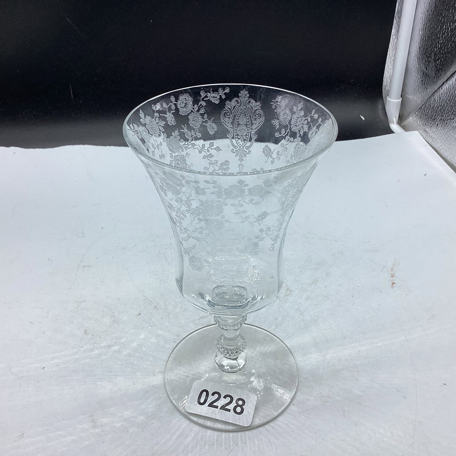 ELEGANT GLASS ROSEPOINT WATER GOBLET: 5 3/4" TALL GOOD SHAPE