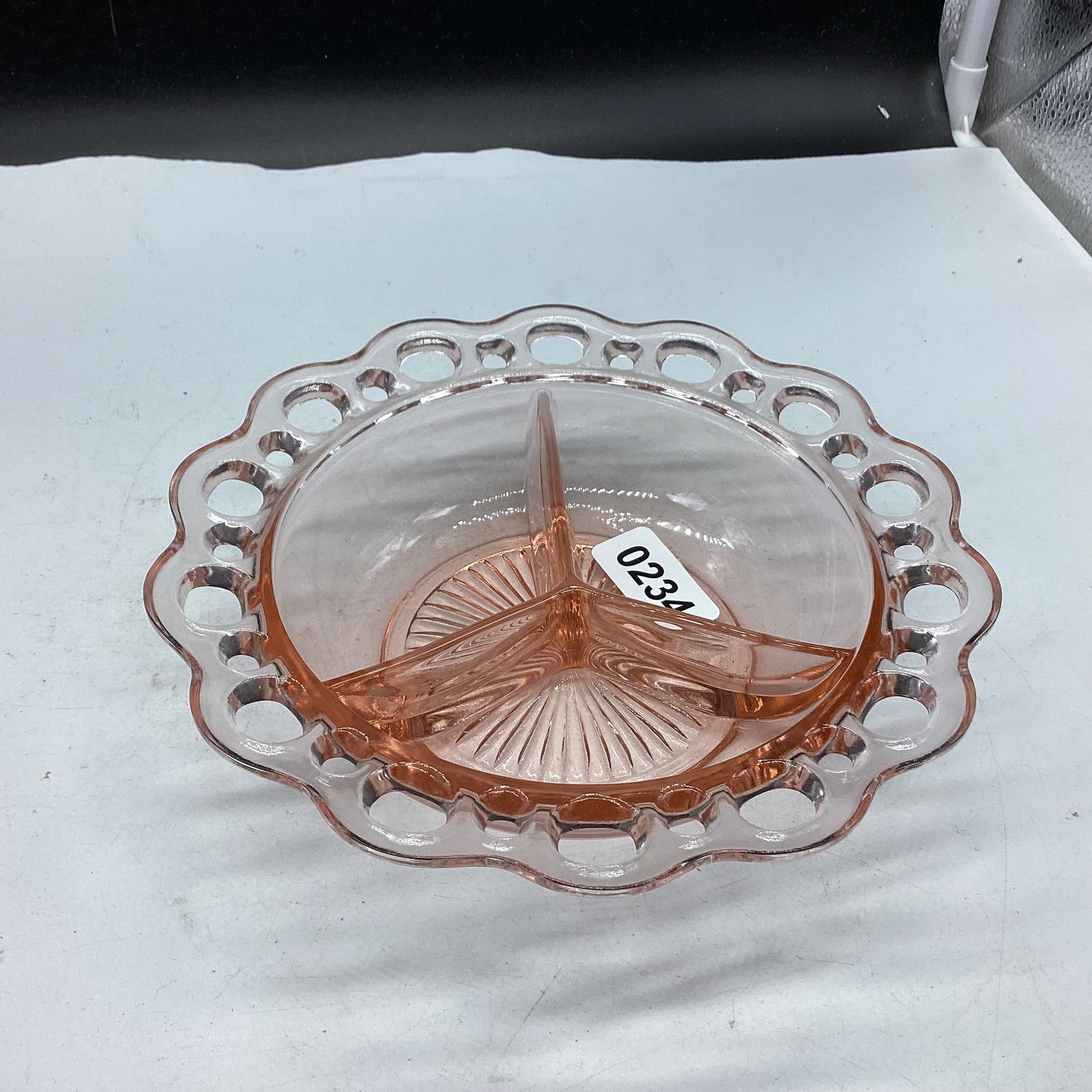 DEPRESSION LACE EDGE 3 PARTY RELISH DISH: GOOD SHAPE