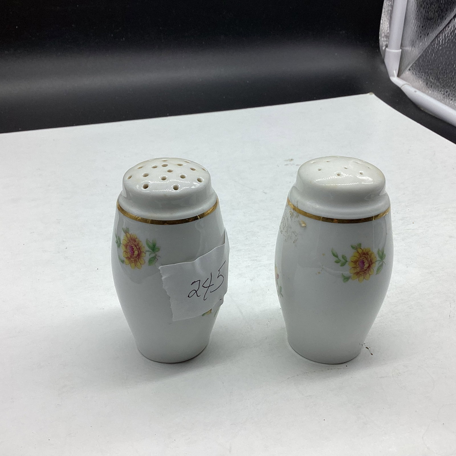 PORCELIAN SALT & PEPPER SET: 3 1/4" T GOOD SHAPE