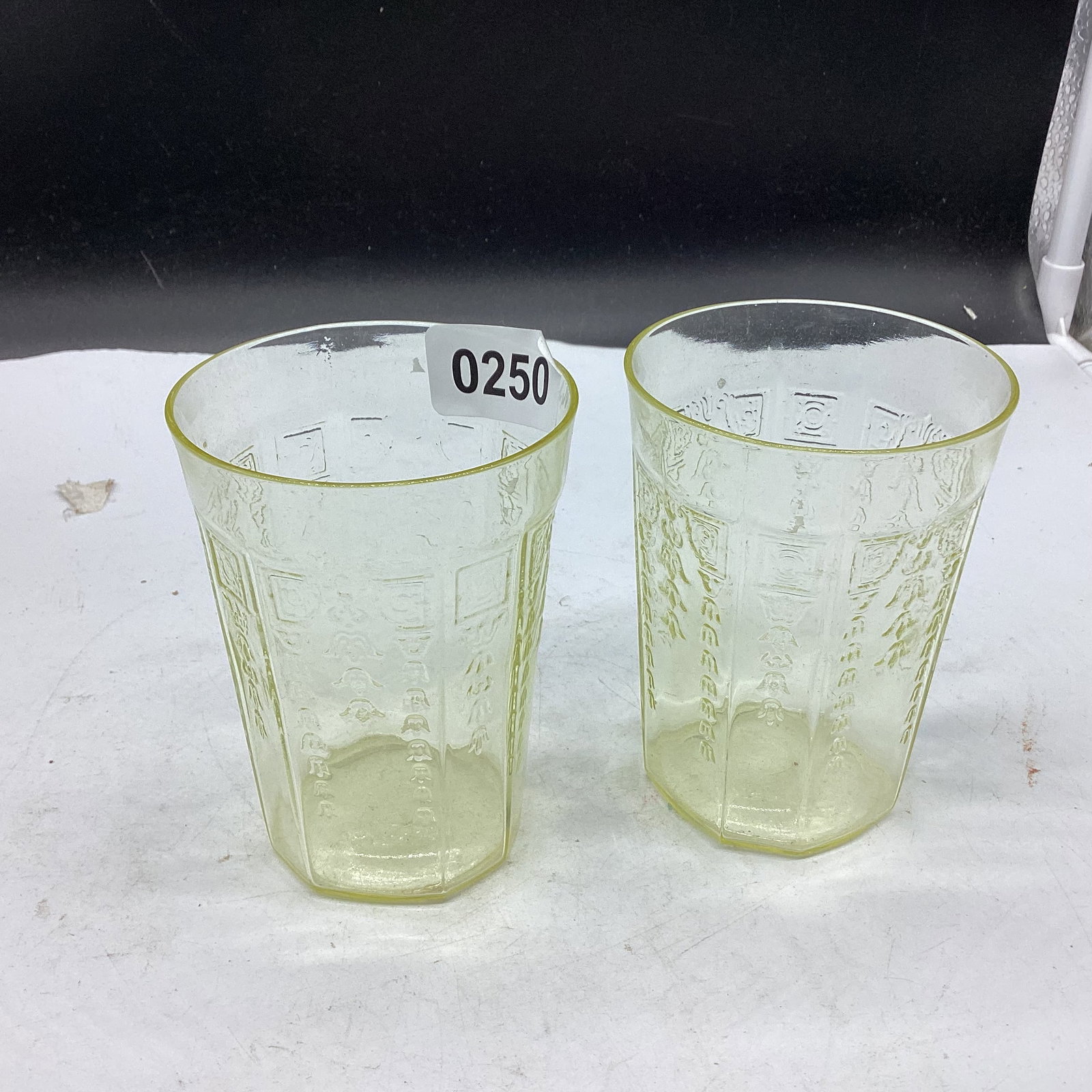 2 DEPRESSION YELLOW PRINCESS FLAT TUMBLERS: GOOD SHAPE