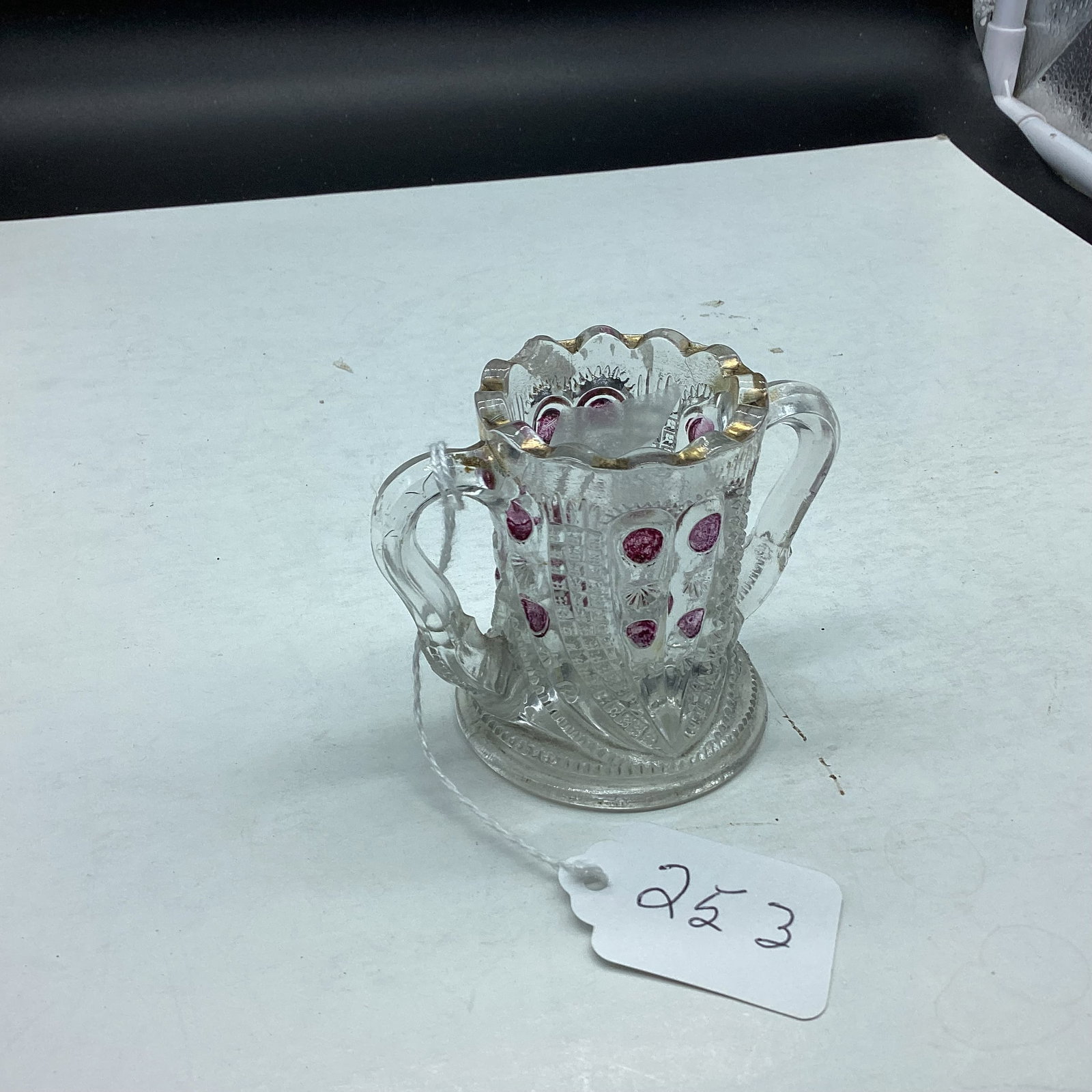 VINTAGE HANDLED TOOTH PICK HOLDER: 2 1/2" TALL GOOD SHAPE