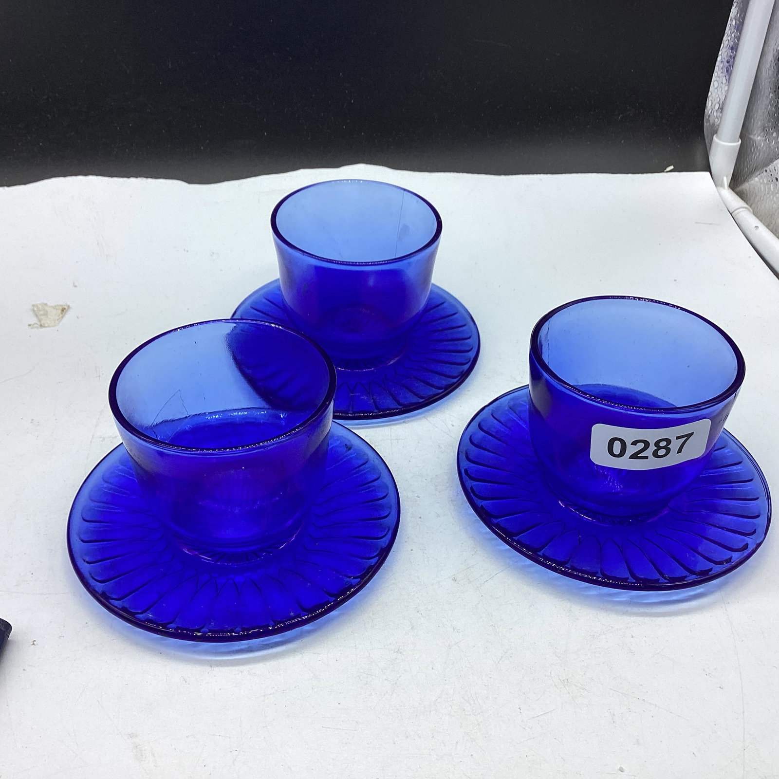 3 DEPRESSION BLUE CUSTARDS: 3" TALL GOOD SHAPE