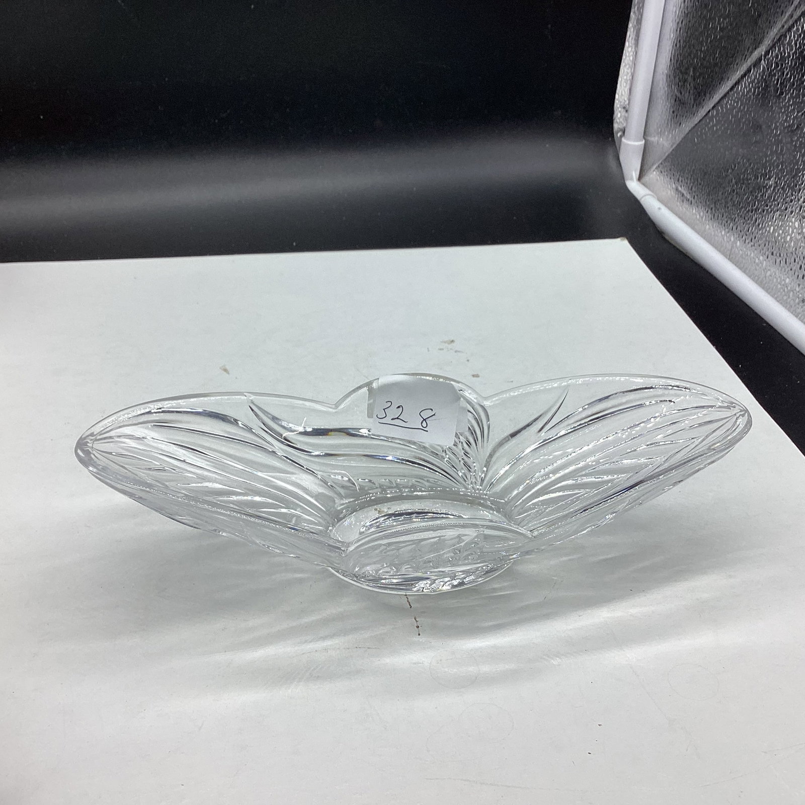 CRYSTAL RELISH DISH: 4 " 9 1/4" TALL GOOD SHAPE