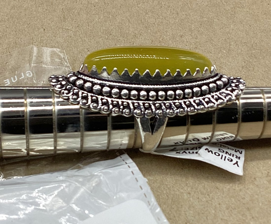 GERMAN SILVER RING YELLOW ONYX STONE SIZE 7 - 2