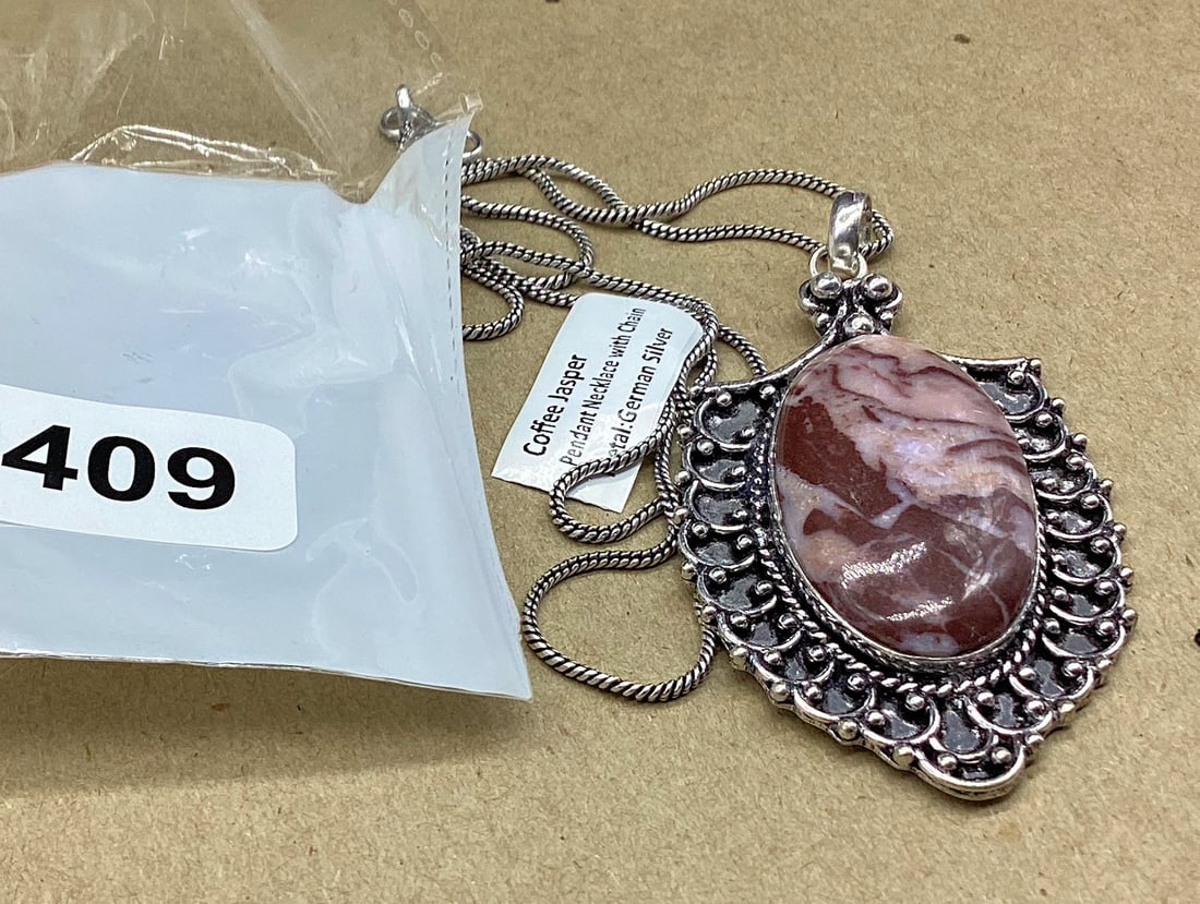 GERMAN SILVER PENDANT NECKLACE W/CHAIN COFFEE JASPER STONE: GOOD SHAPE