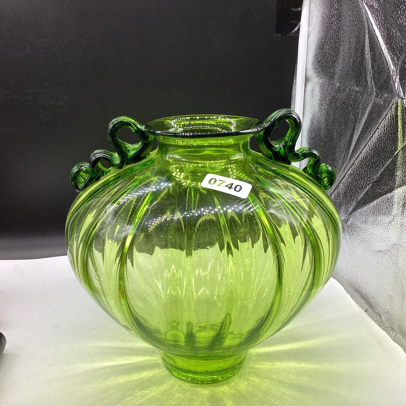MCM BLENKO ART GLASS VASE W/APPLIED RIBBON HANDLES: 10 1/2 T X 10 1/2 W GOOD SHAPE