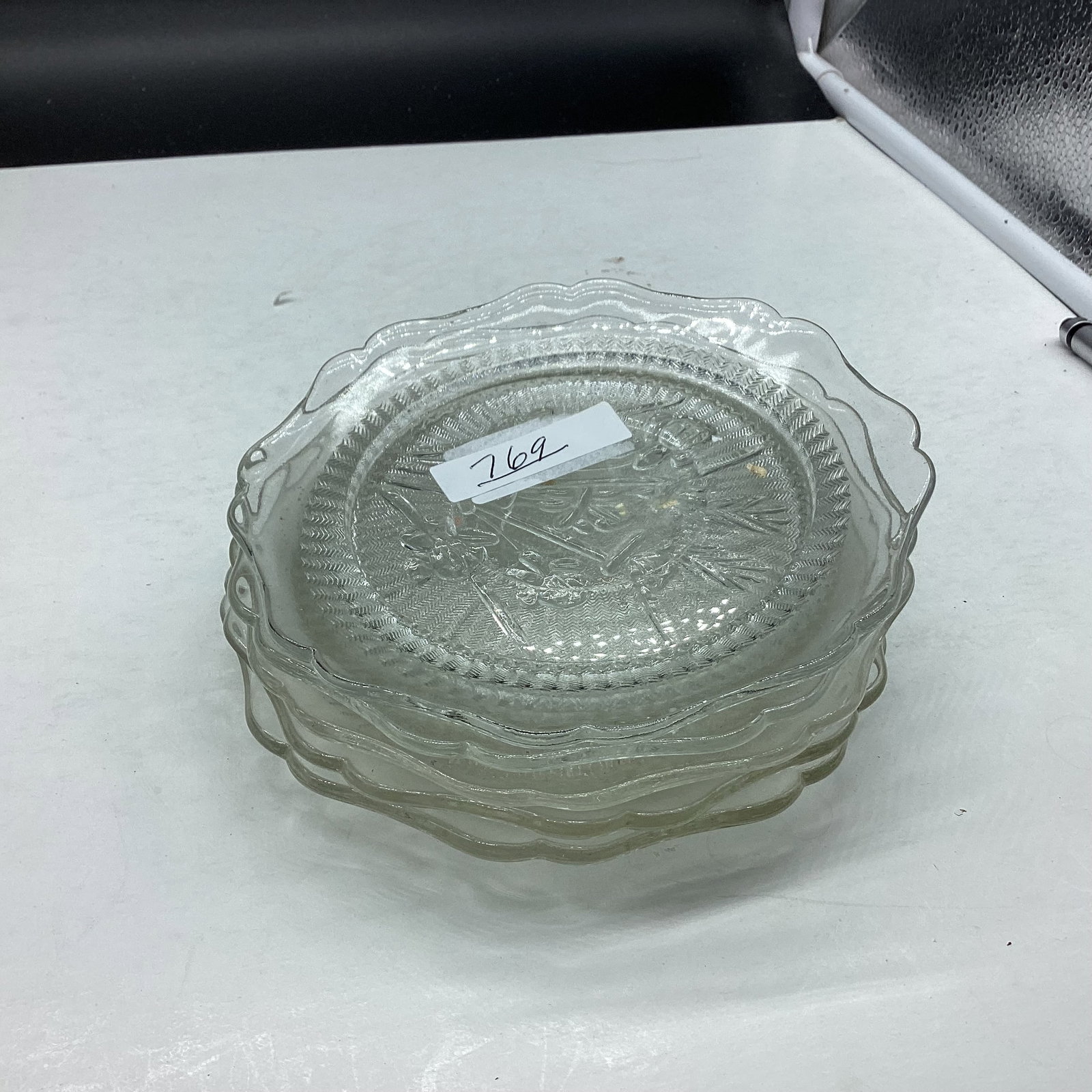 5 DEPRESSION IRIS & HERRING BONE SAUCERS: GOOD SHAPE