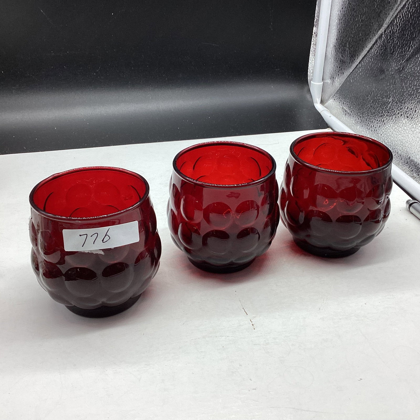 3 DEPRESSION RED BUBBLE TUMBLERS: 3" TALL GOOD SHAPE