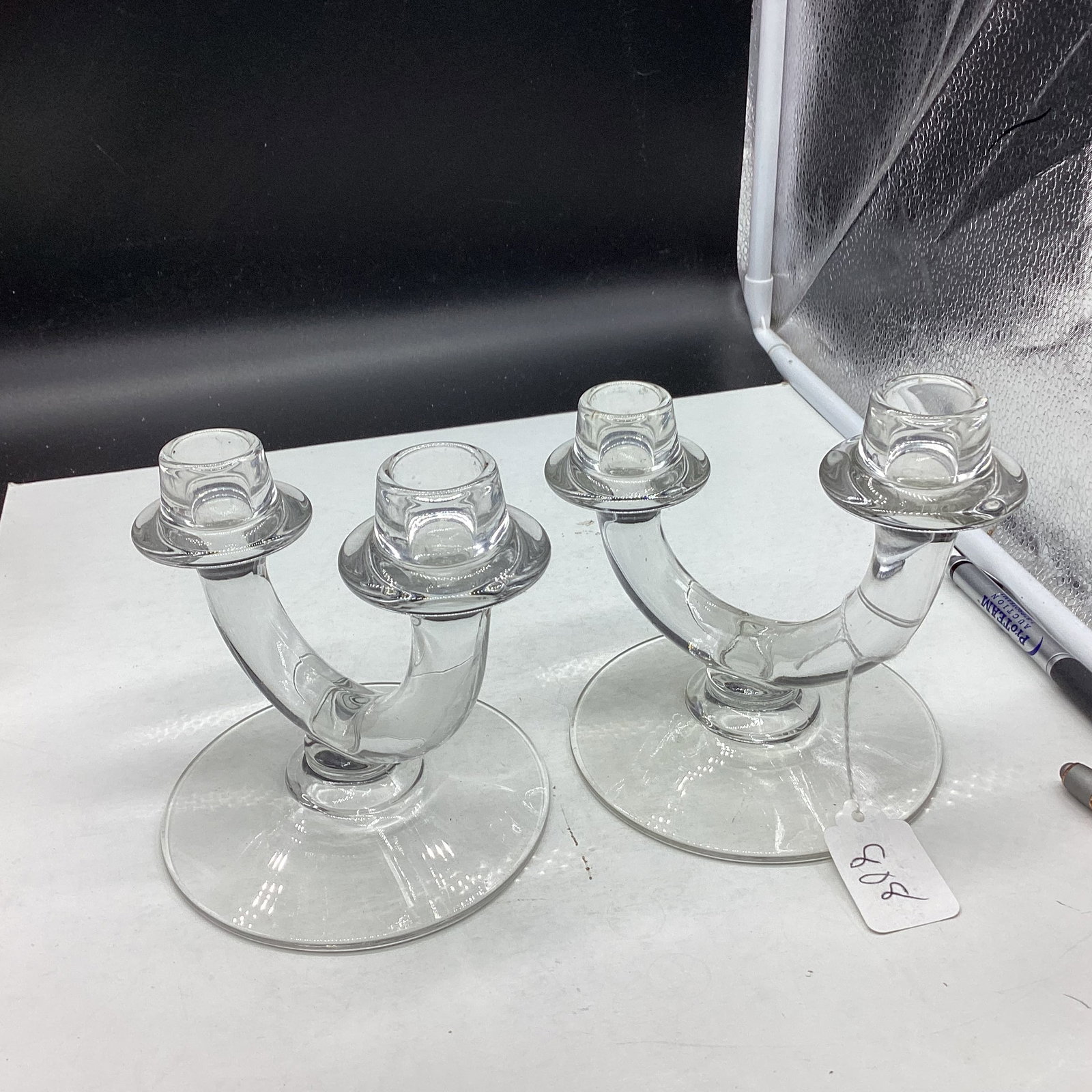 PAIR VINTAGE CLEAR CANDLE HOLDERS: 5 1/4 X 6 1/4 GOOD SHAPE