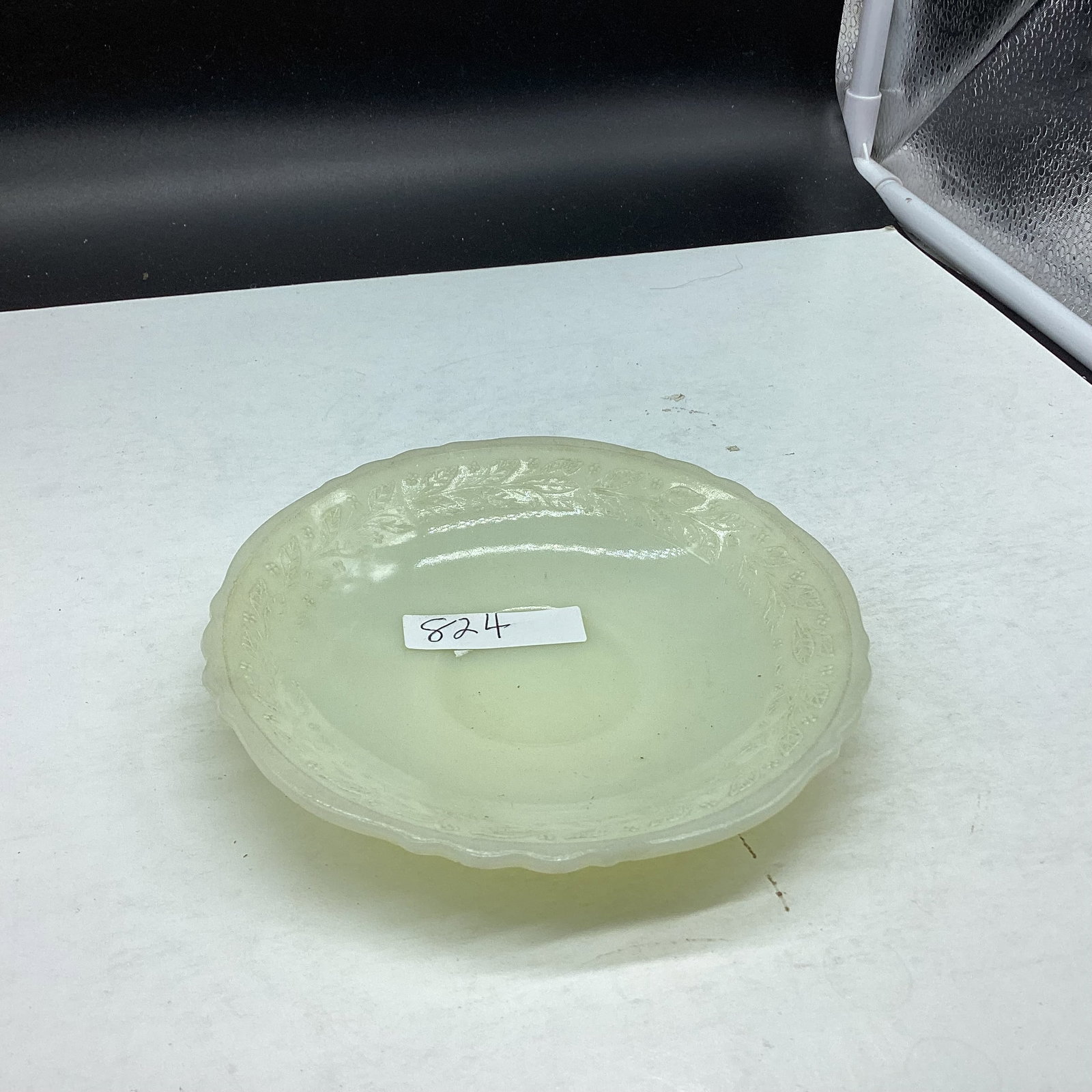 DEPRESSION LAUREL PATTERN CUSTARD GLASS SAUCER URANIUM GLASS: GOOD SHAPE