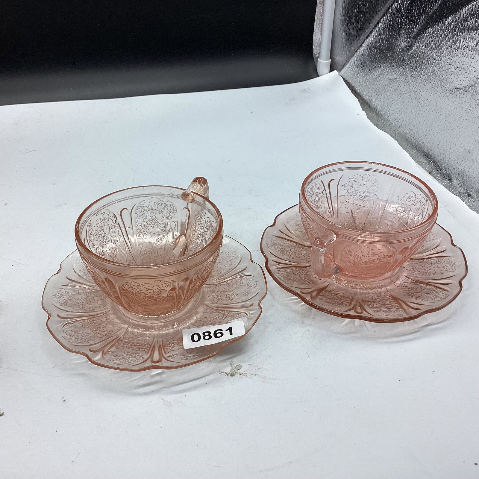 2 DEPRESSION CHERRY BLOSSOM LCUP & SAUCERS: GOOD SHAPE