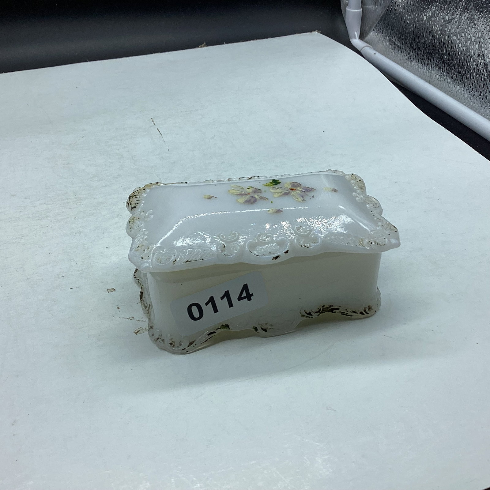 VINTAGE MILK GLASS EMBOSSED TRINKET BOX: 1 3/4 X 4 1/4 GOOD SHAPE