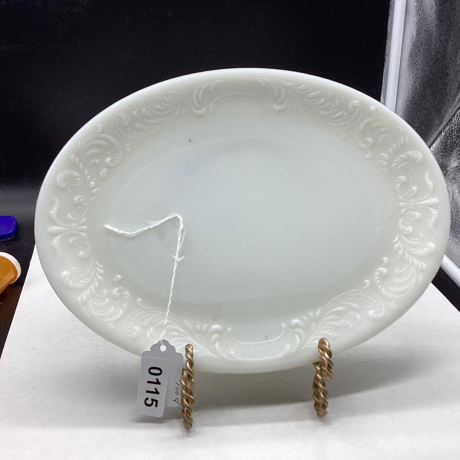 VINTAGE MILK GLASS EMBOSSED OVAL PLATTERE: 8 1/4 X 11 1/4 GOOD SHAPE