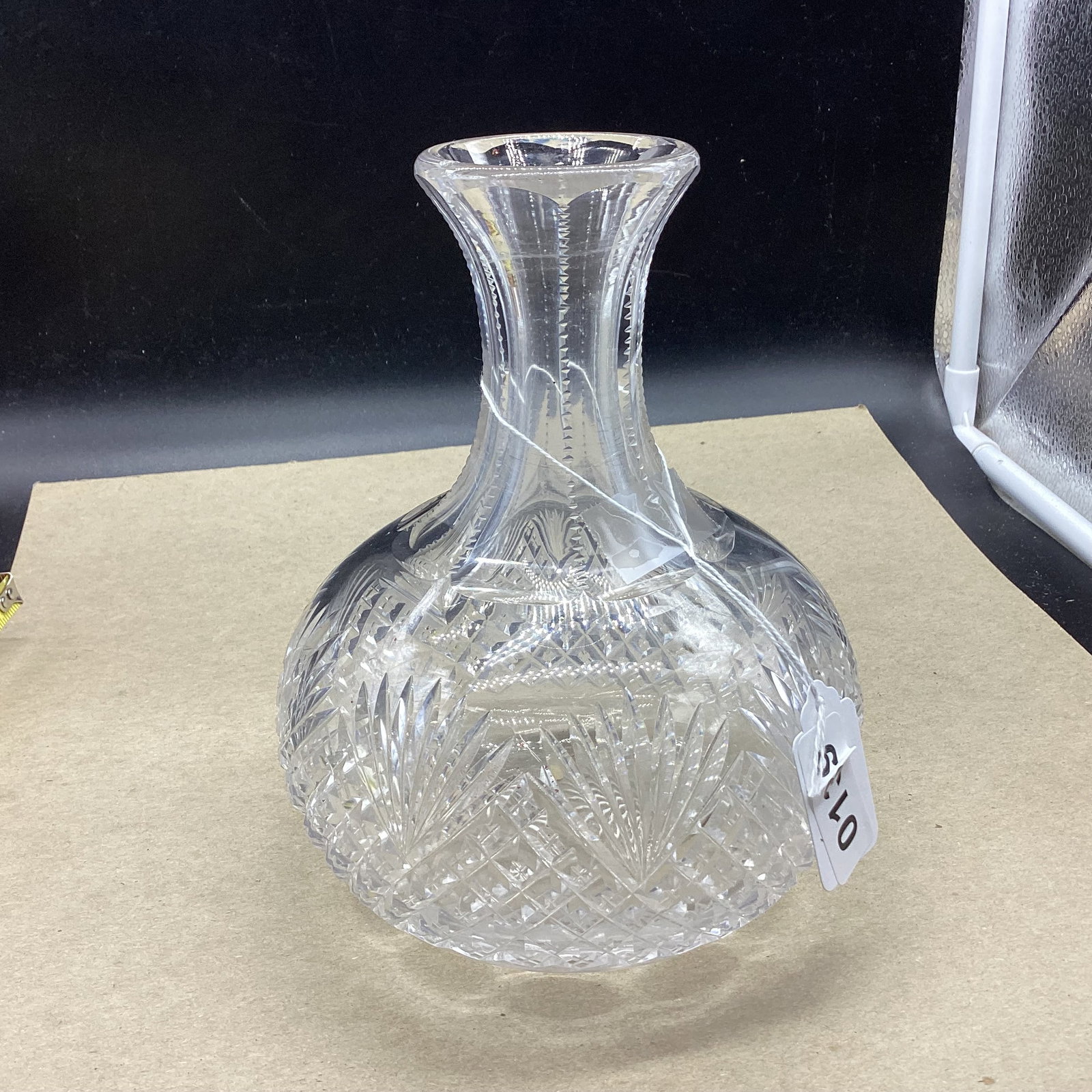 AMERICAN BRILLIANT CUT GLASS WATER CRAFE BOTTLE: 8 1/4" TALL GOOD SHAPE