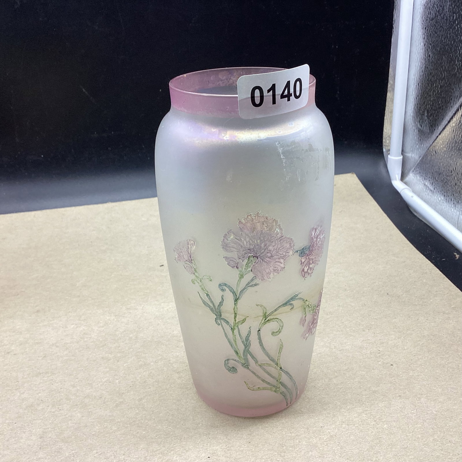 ELEGANT ART GLASS POLYCHROME SATIN ETCHED POPY VASE: 7 1/4" TALL GOOD SHAPE