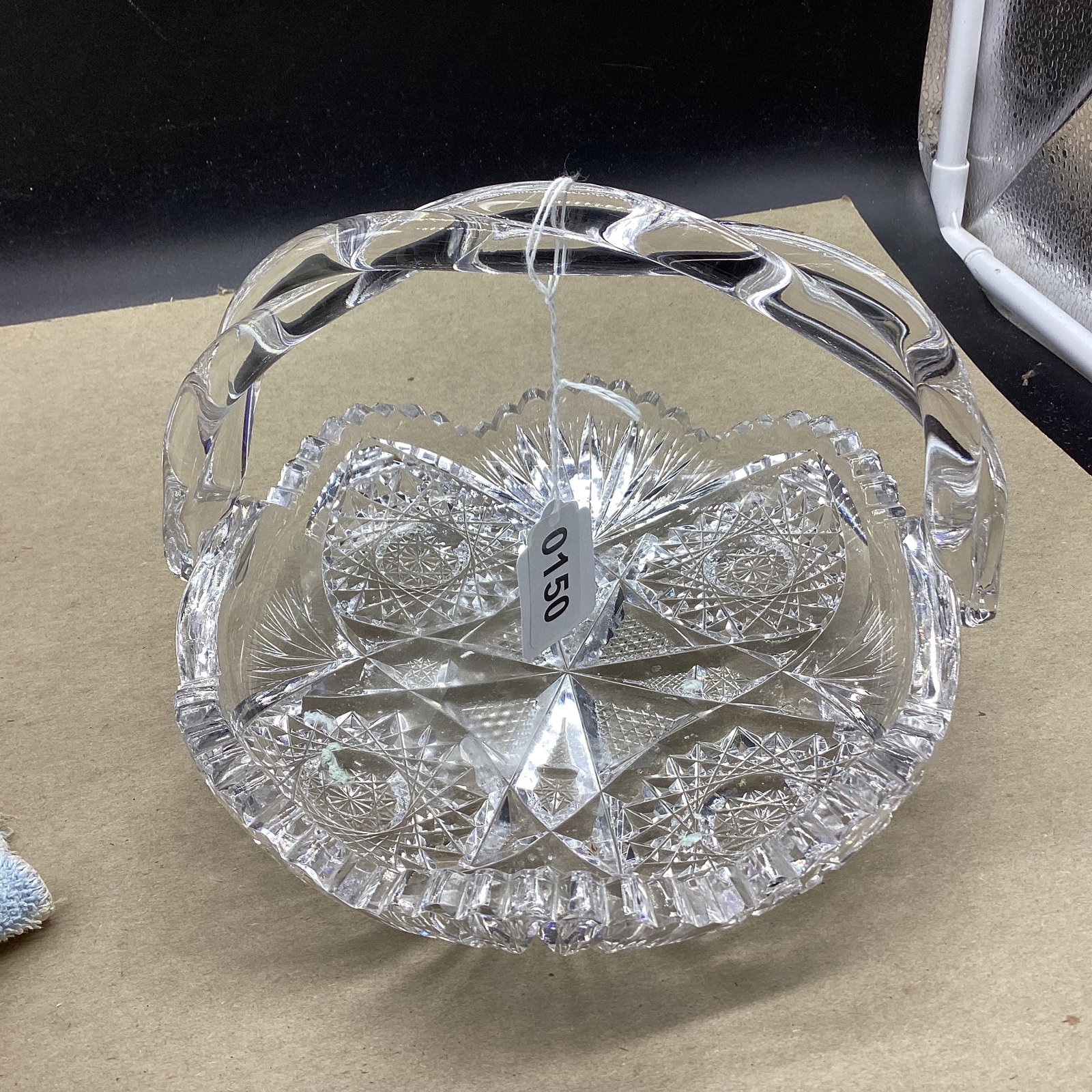 AMERICAN BRILLIANT CUT GLASS BASKET W/TWISTED ROPE HANDLE: 5 1/2 X 8 GOOD SHAPE