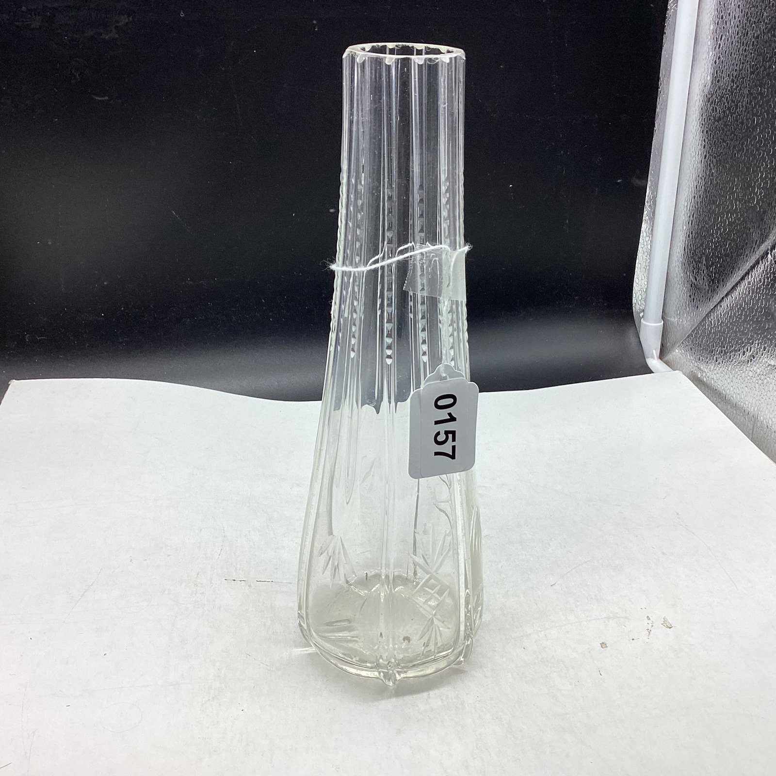 HAND CUT GLASS BUD VASE: 9 3/4" TALL GOOD SHAPE