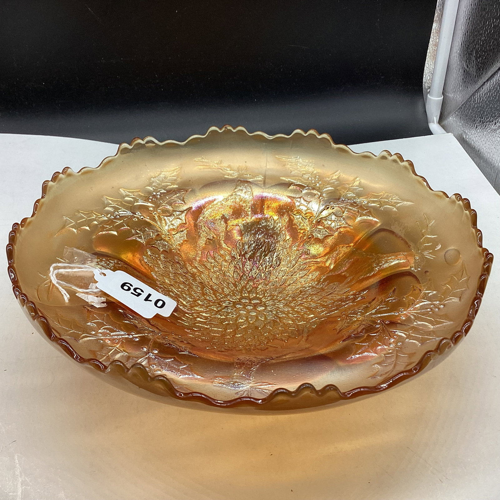 VINTAGE STAGE & HOLLY FOOTED CARNIVAL GLASS BOWL: 3 1/2 X 10 GOOD SHAPE